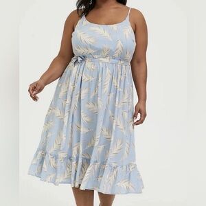 Torrid Blue Strappy Feather Print Challis Shirred Hem A Line Midi Dress Size 2X